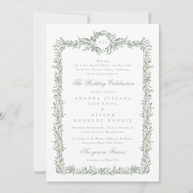 botanical sage green classic leafy frame wedding invitation (Front)