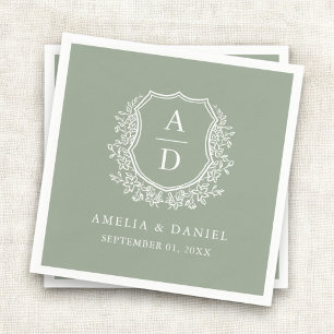 Botanical Sage Green Crest Wedding Monogram Napkins