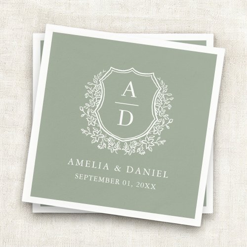 Botanical Sage Green Crest Wedding Monogram Napkins