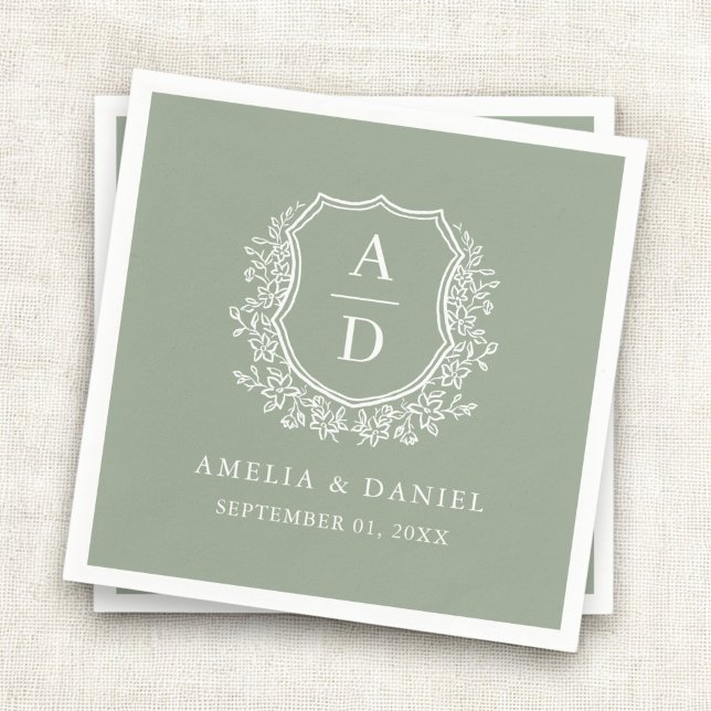 Botanical Sage Green Crest Wedding Monogram Napkins (Creator Uploaded)