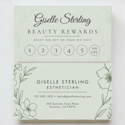 Botanical Sage Green Esthetician Floral Loyalty Business Card