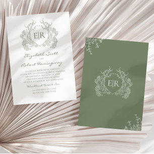 Botanical Sage Green Floral Crest Monogram Wedding Invitation