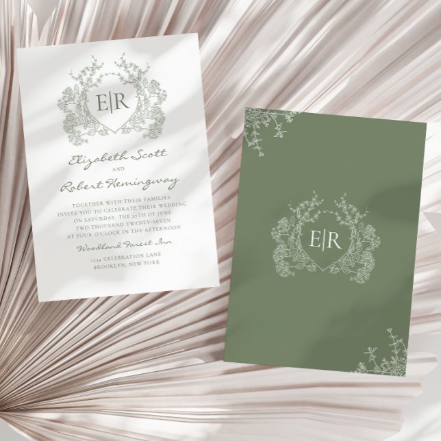 Botanical Sage Green Floral Crest Monogram Wedding Invitation (Creator Uploaded)