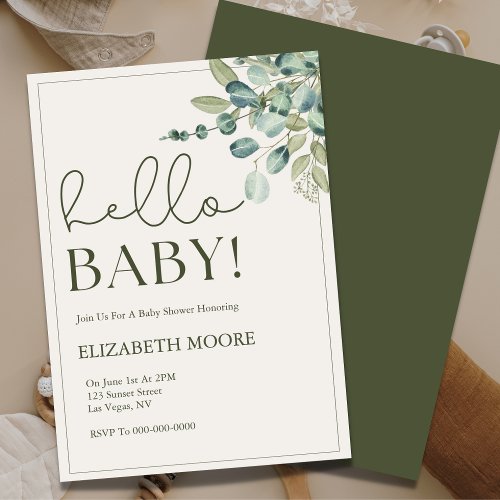 Botanical Sage Green Hello Baby Baby Shower Invitation