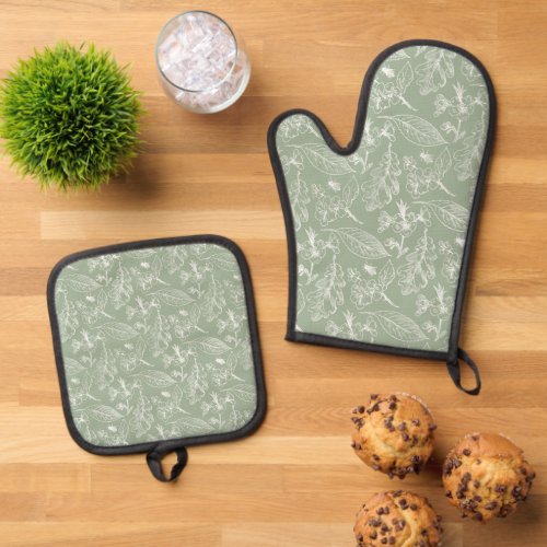 Botanical Sage Green Leaves Floral Art Pattern Oven Mitt  Pot Holder Set