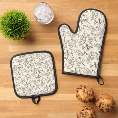 Botanical Sage Green Leaves Floral Art Pattern Oven Mitt  Pot Holder Set