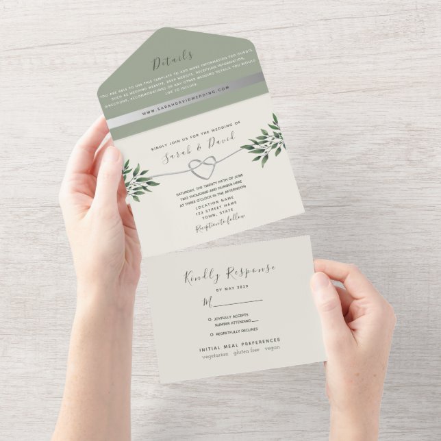 Botanical Sage Green Photo Wedding All In One Invitation (Tearaway)