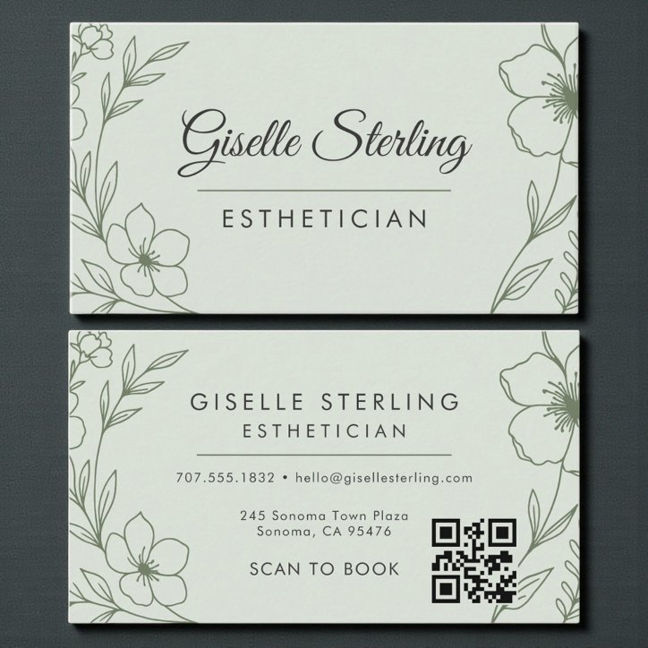 Botanical Sage Green QR Code Esthetician Floral Business Card