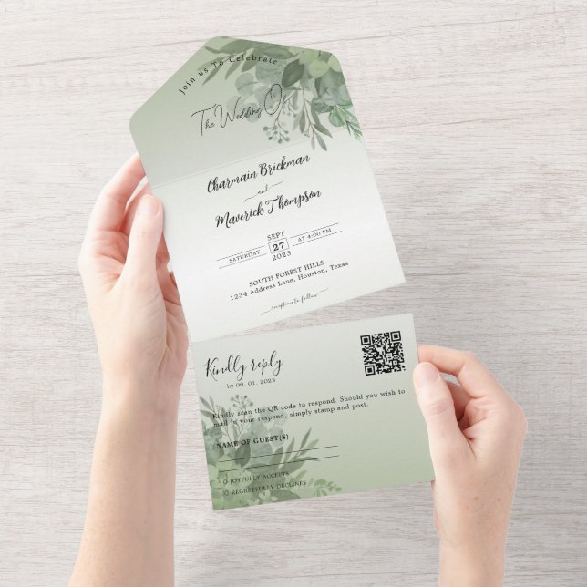 Botanical Sage Green QR Code Wedding All In One Invitation (Tearaway)
