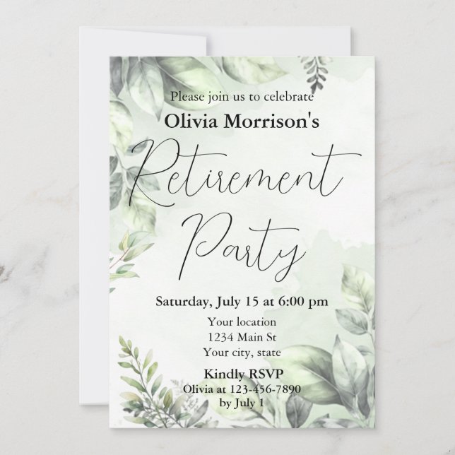 Botanical Sage Green Retirement Party Invitation (Front)