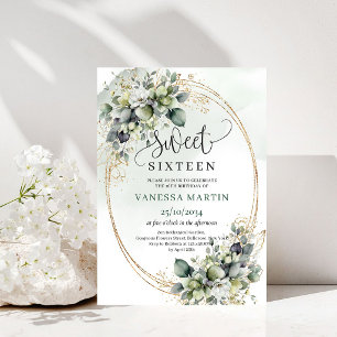 Botanical Sage Green Sweet Sixteen Invitation