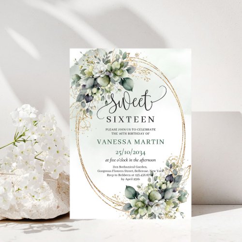 Botanical Sage Green Sweet Sixteen Invitation