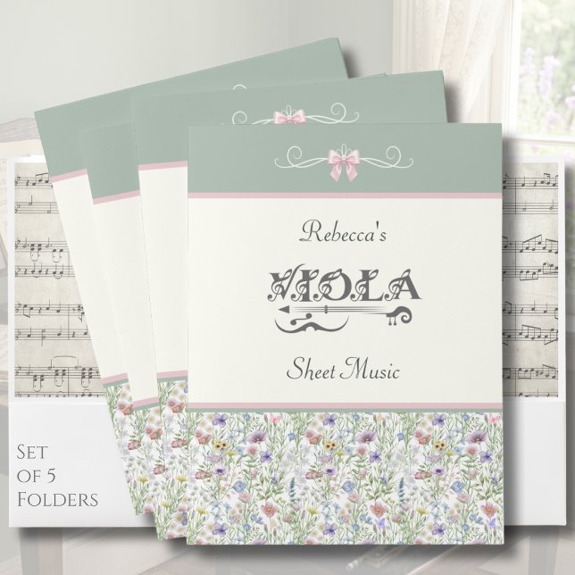 Botanical Sage Green Viola Sheet Music Folders (Botanical Viola Sheet Music Folder | Sage Green & Pink Wildflower | Personalized Orchestra Gift)