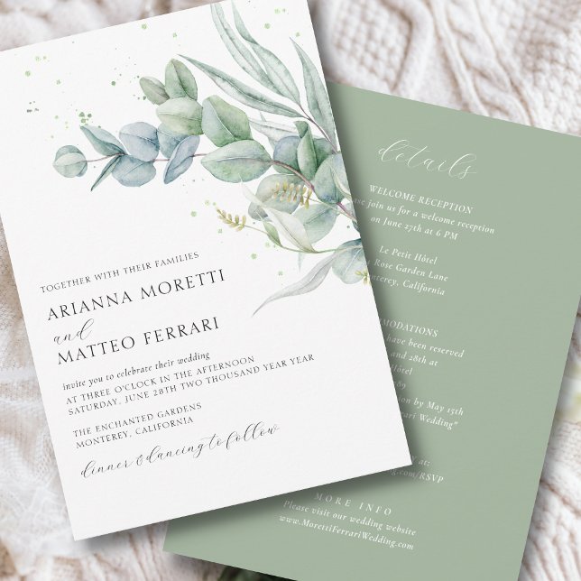 Botanical Sage Greenery Wedding Invite with RSVP (Modern  wedding invitation with elegant eucalyptus greenery including details and RSVP on back)