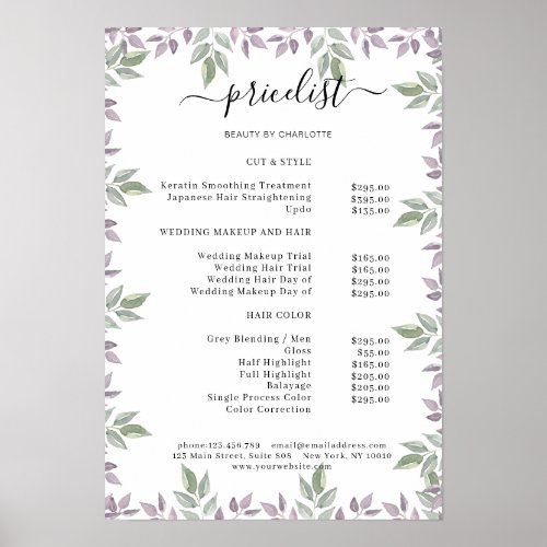 Botanical Salon Price List Poster