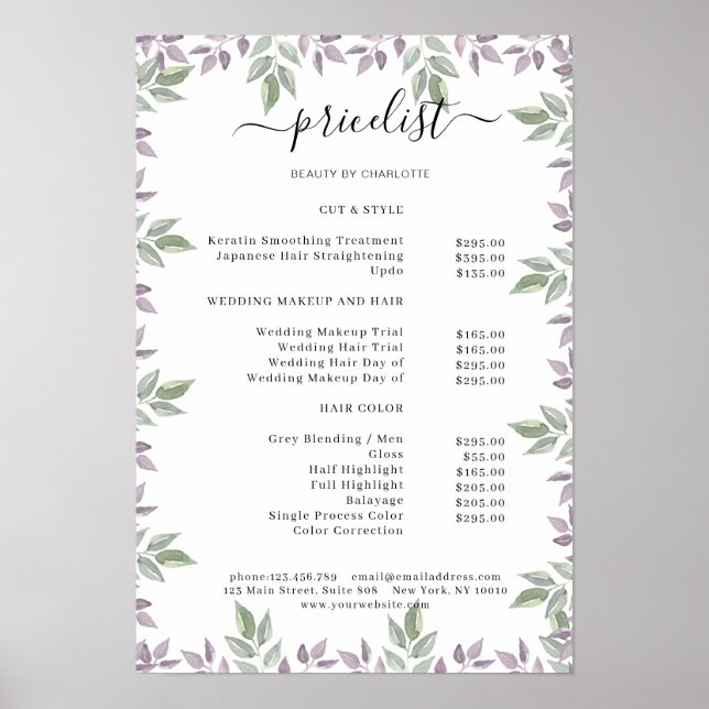 Botanical Salon Price List Poster (Front)