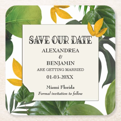 Botanical Save The Date Tropical Palms Square Paper Coaster
