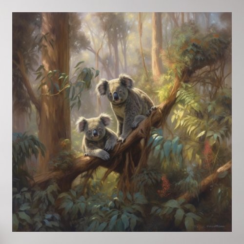 Botanical scene curious koalas in eucalyptus tree  poster