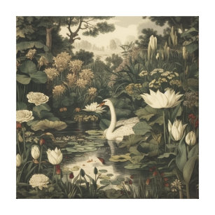 Botanical scene of a white swan in a forest river canvas print