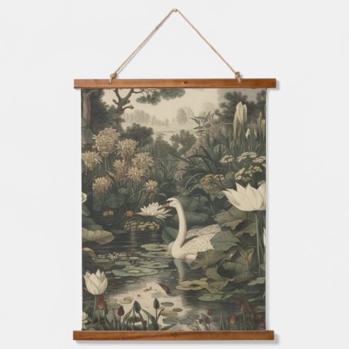 Botanical scene of a white swan in a forest river hanging tapestry