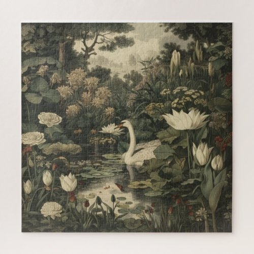 Botanical scene of a white swan in a forest river jigsaw puzzle