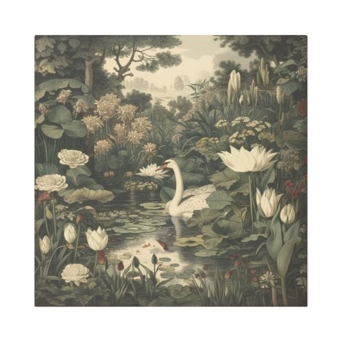 Botanical scene of a white swan in a forest river metal print
