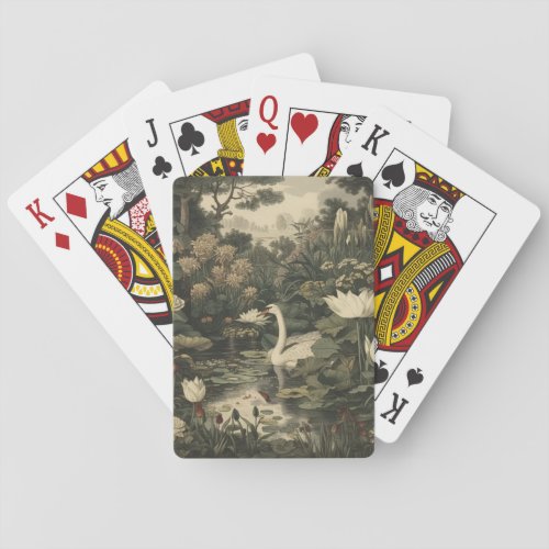 Botanical scene of a white swan in a forest river poker cards