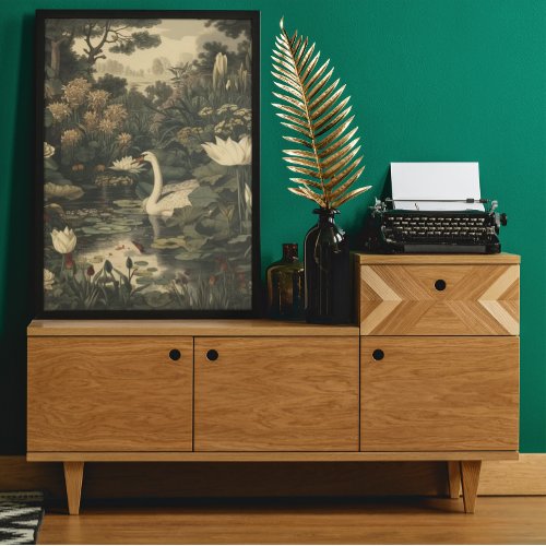 Botanical scene of a white swan in a forest river poster