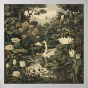 Botanical scene of a white swan in a forest river poster