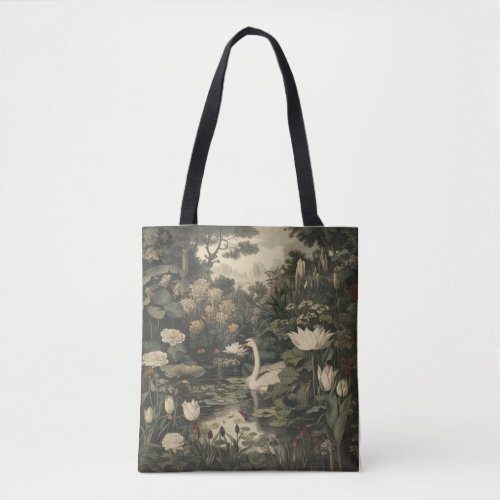 Botanical scene of a white swan in a forest river tote bag