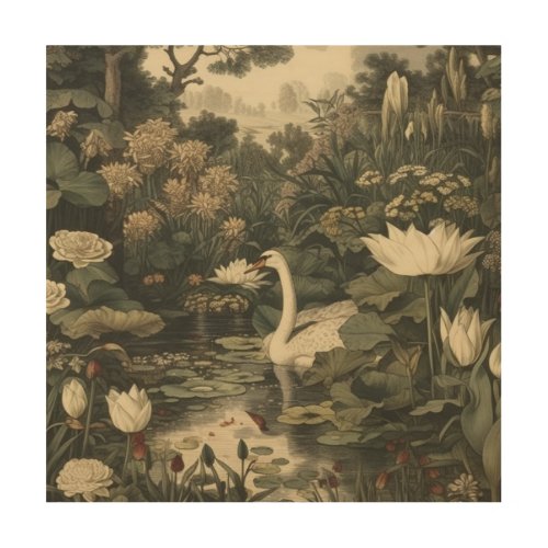 Botanical scene of a white swan in a forest river wood wall art