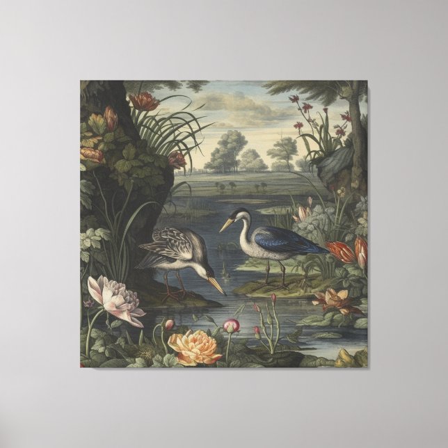 Botanical scene of blue cranes by  a river canvas print (Front)