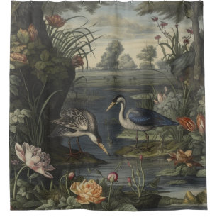 Botanical scene of blue cranes by a river shower curtain
