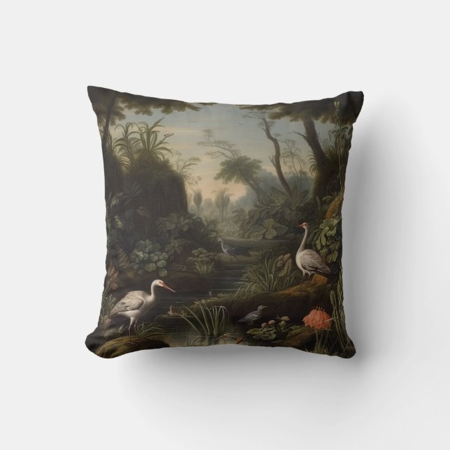 Botanical scene of cranes near a river throw pillow (Front)