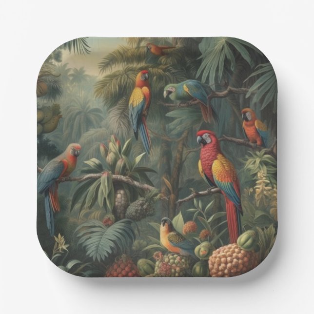 Botanical scene of parrots and pineapples  paper plates (Front)