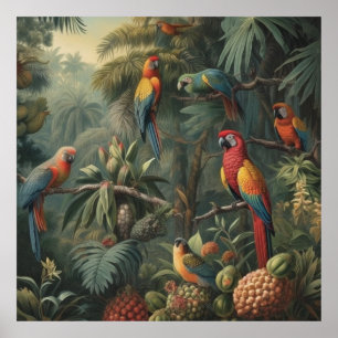 Botanical scene of parrots and pineapples  poster