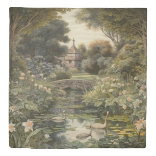 Botanical scene of swans in an English garden Duvet Cover