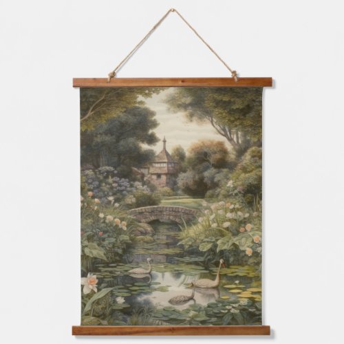 Botanical scene of swans in an English garden Hanging Tapestry