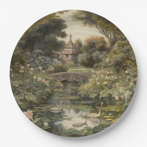 Botanical scene of swans in an English garden Paper Plates
