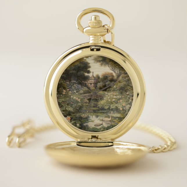 Botanical scene of swans in an English garden Pocket Watch (Inside)