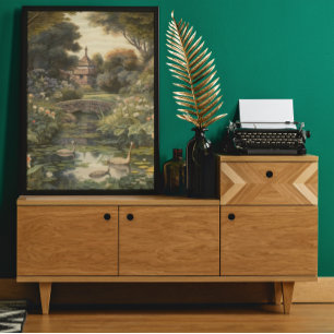 Botanical scene of swans in an English garden Poster