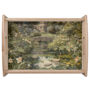 Botanical scene of swans in an English garden Serving Tray