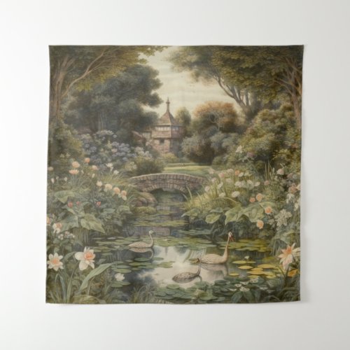 Botanical scene of swans in an English garden Tapestry