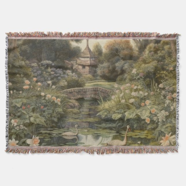 Botanical scene of swans in an English garden Throw Blanket (Front)