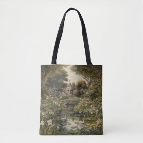 Botanical scene of swans in an English garden Tote Bag