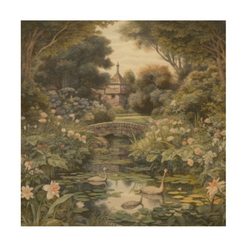 Botanical scene of swans in an English garden Wood Wall Art