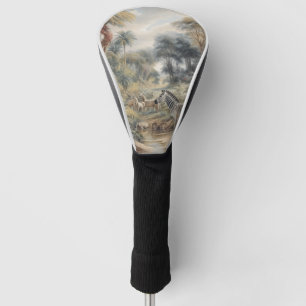 Botanical scene of zebras and lions in an oasis golf head cover