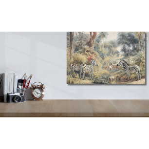 Botanical scene of zebras and lions in an oasis metal print