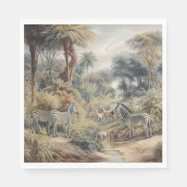 Botanical scene of zebras and lions in an oasis napkins (Front)