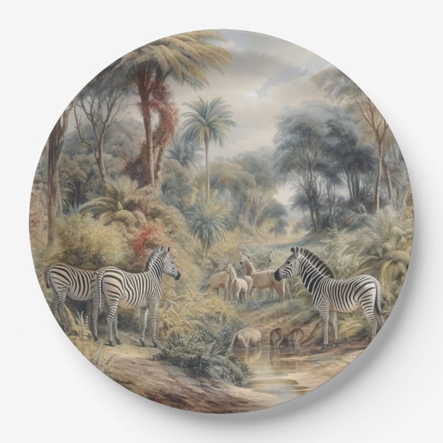 Botanical scene of zebras and lions in an oasis paper plates (Front)